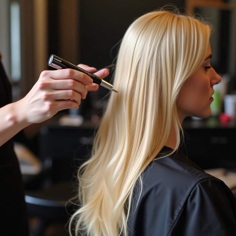 Coloração da raiz do cabelo loiro em salão.