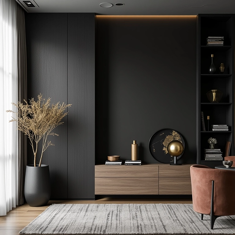 Combinação de preto, branco e dourado em um design de interiores.