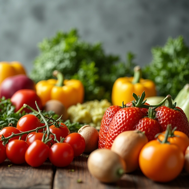 Comida saudável em uma mesa com frutas e vegetais.
