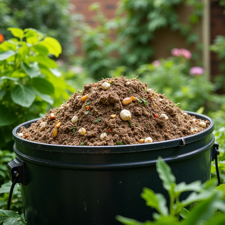 Composteira doméstica cheia de resíduos orgânicos em um jardim.