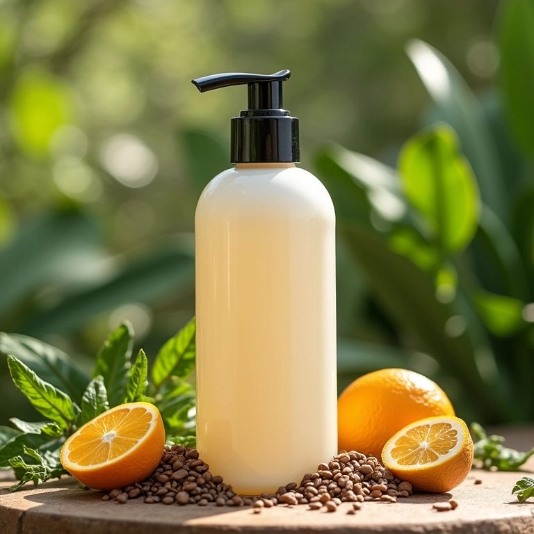 Condicionador vegano cercado por ingredientes naturais.