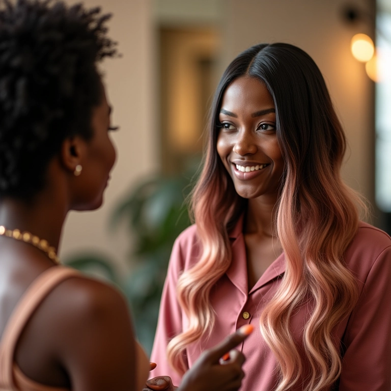 Consulta profissional para coloração de cabelo pêssego em salão.