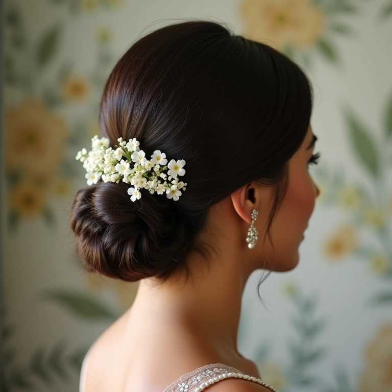 Coque baixo elegante com flores para casamento brasileiro.