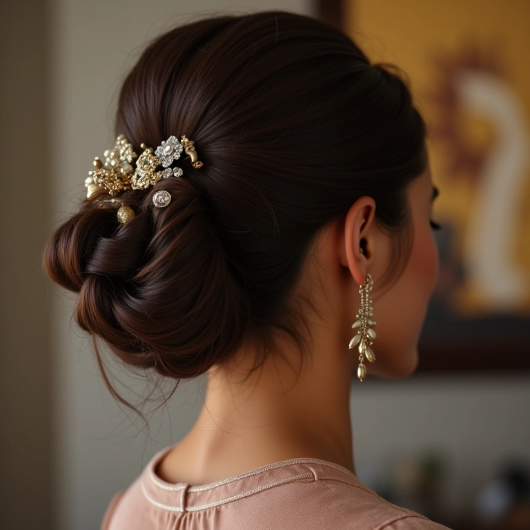 Coque moderno com acessórios em penteado elegante.