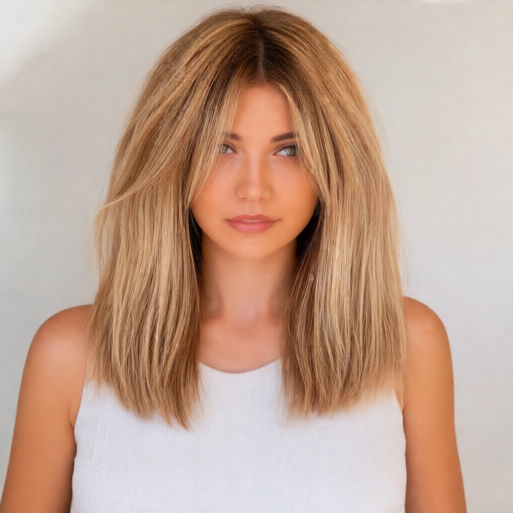 Cores e mechas estratégicas para rosto redondo, loiro natural.
