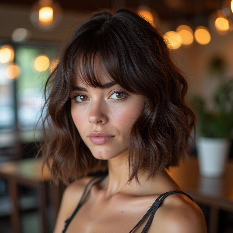 Corte chanel assimétrico desfiado com movimento e textura.