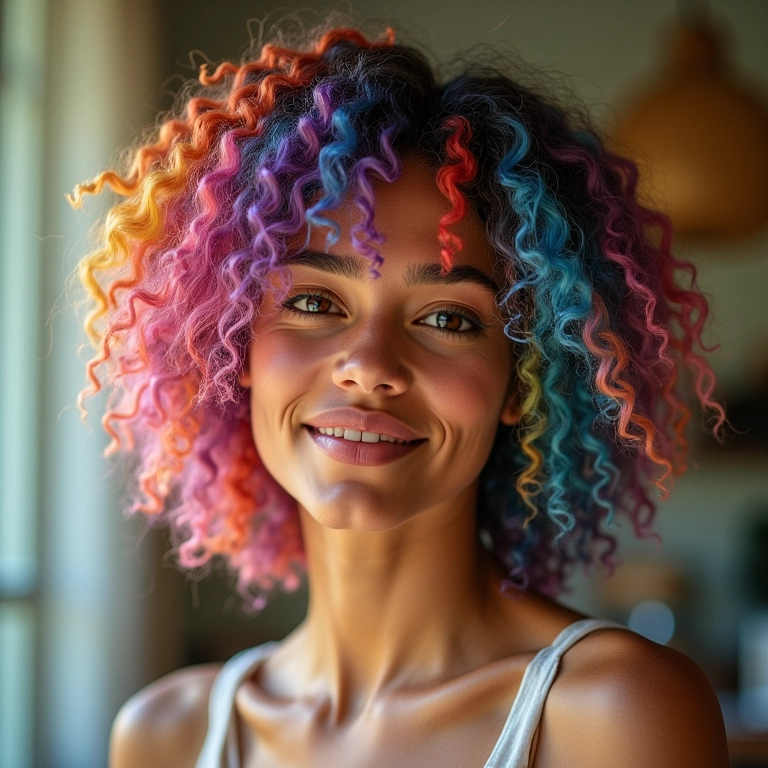 Corte de cabelo sorvete para cabelo cacheado com cores vibrantes.