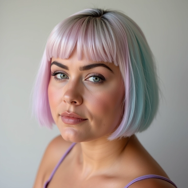 Corte de cabelo sorvete para rosto redondo em mulher plus-size.