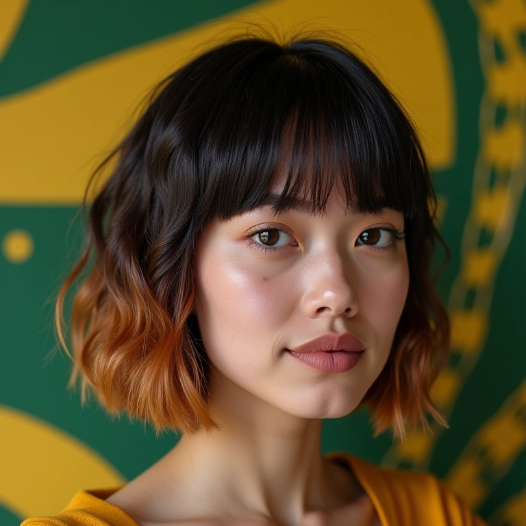Corte em camadas com nuca degradê e decoração brasileira vibrante.