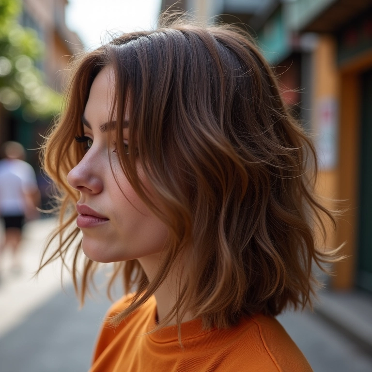 Corte em camadas em cabelo castanho claro com movimento e leveza.