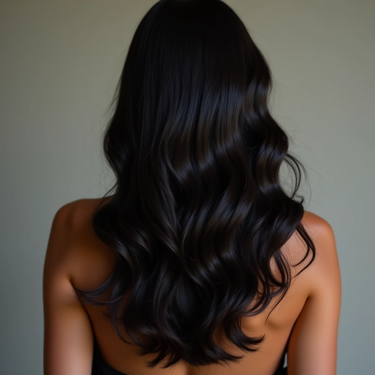 Corte em degradê longo com movimento e elegância em mulher de cabelo escuro.