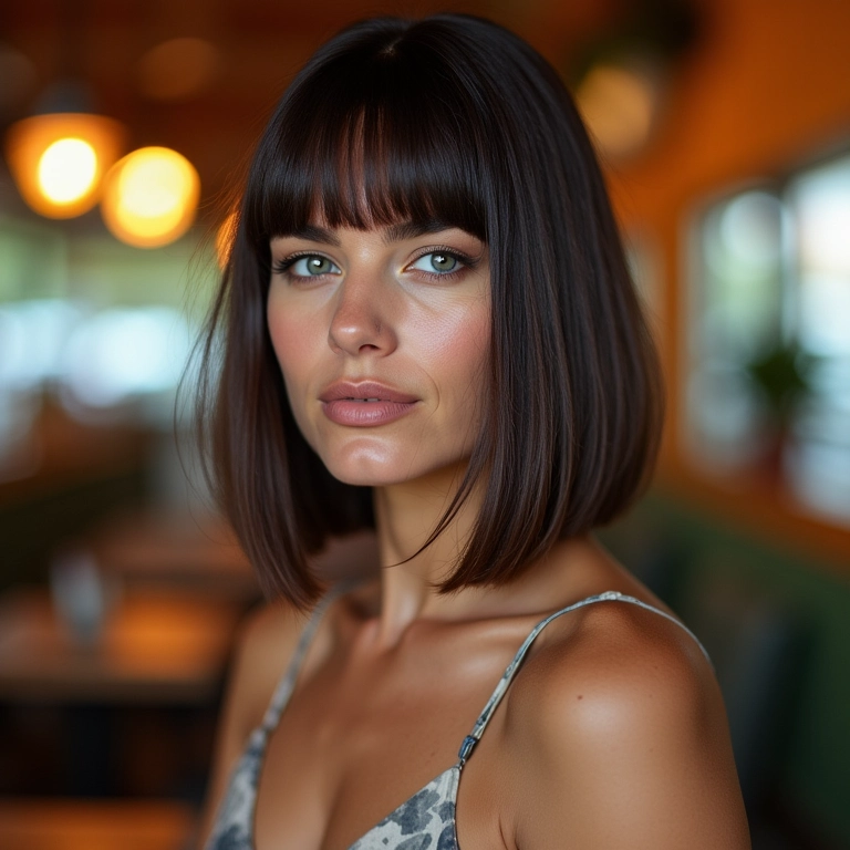 Corte long bob em mulher estilosa com cabelo liso em café brasileiro.