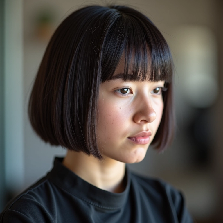 Corte moderno com base reta, cabelo liso e bem definido.