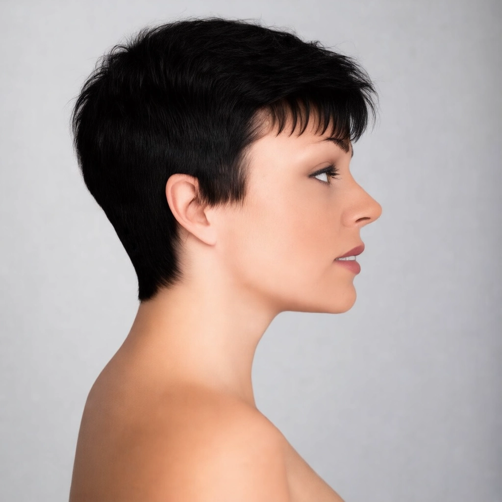 Corte pixie assimétrico para rosto redondo, estilo moderno.