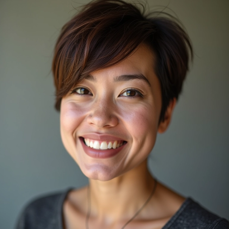 Corte pixie com volume no topo da cabeça.