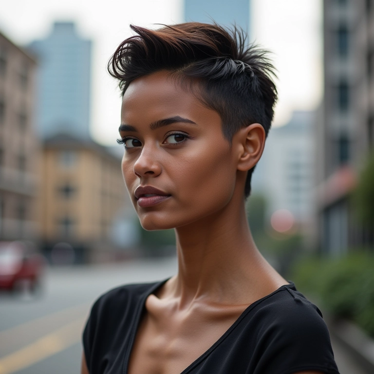 Corte pixie moderno em mulher brasileira jovem e estilosa.