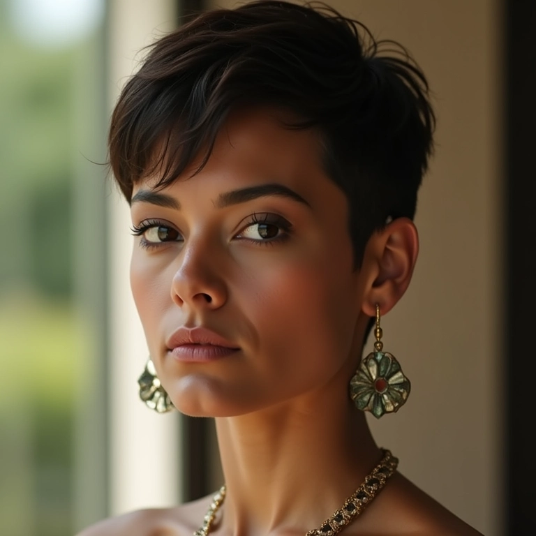 Corte pixie moderno em mulher de rosto oval.