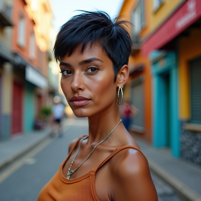 Corte pixie ousado em mulher brasileira confiante.