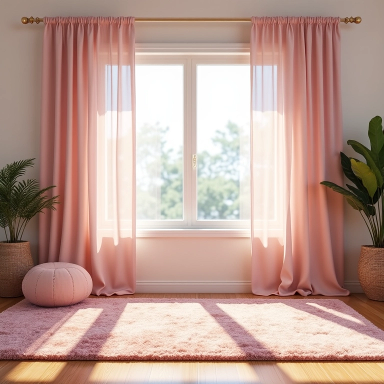 Cortinas e tapete em tons pastel que harmonizam com as cores da sala de estar.
