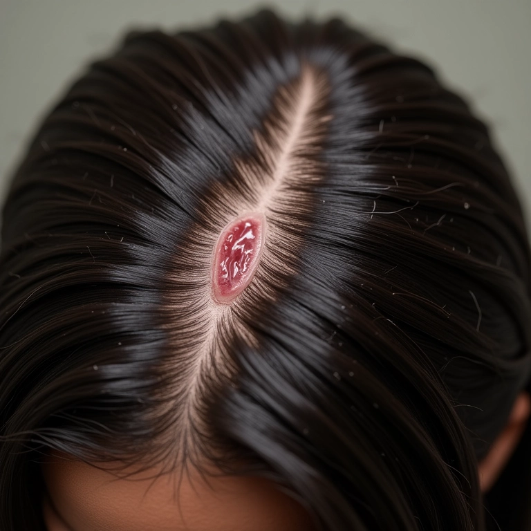 Couro cabeludo com excesso de oleosidade, característica da dermatite seborreica.
