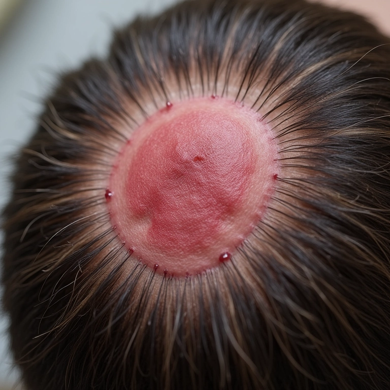 Couro cabeludo com infecção fúngica, mostrando vermelhidão e irritação.