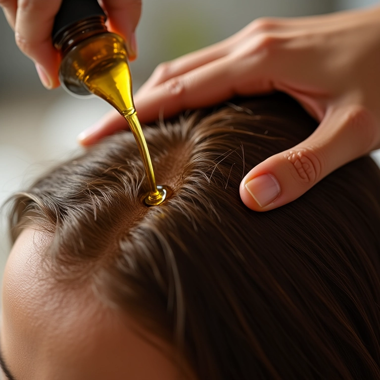 Couro cabeludo sendo tratado com óleo de Argan para hidratação.