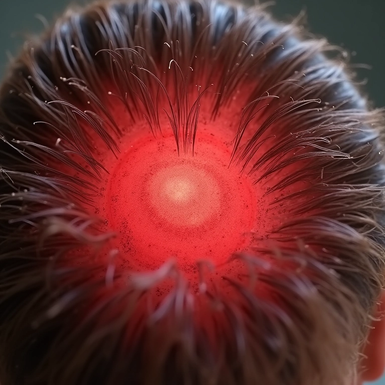 Couro cabeludo vermelho e irritado, mostrando infecção que causa queda de cabelo.