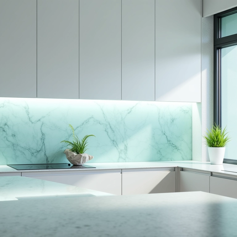 Cozinha clara com bancadas e backsplash de vidro.