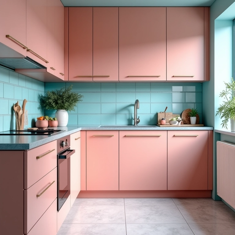 Cozinha com detalhes em tons de rosa e azul, armários de madeira e azulejos brasileiros.