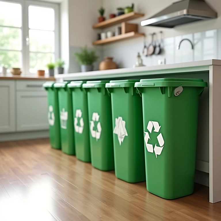 Cozinha com lixeiras de reciclagem claramente identificadas.