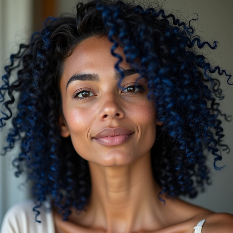 Cuidados especiais para cabelo cacheado preto azulado.