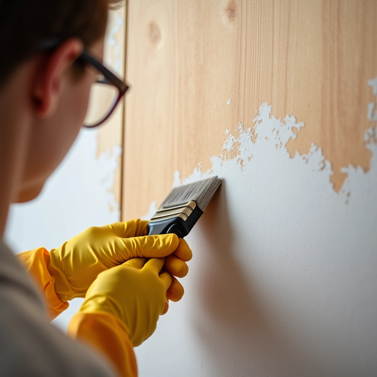 Decapagem parcial com removedor de tinta em madeira.