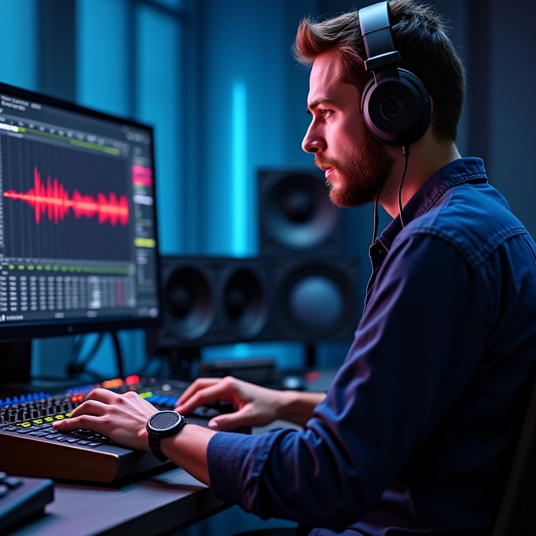 Designer de som criando efeitos sonoros com ajustes de equalização.