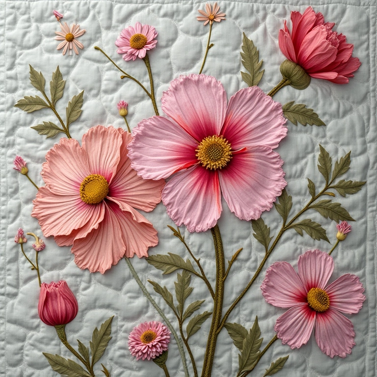 Detalhe de colcha artesanal com padrões florais e costura delicada.