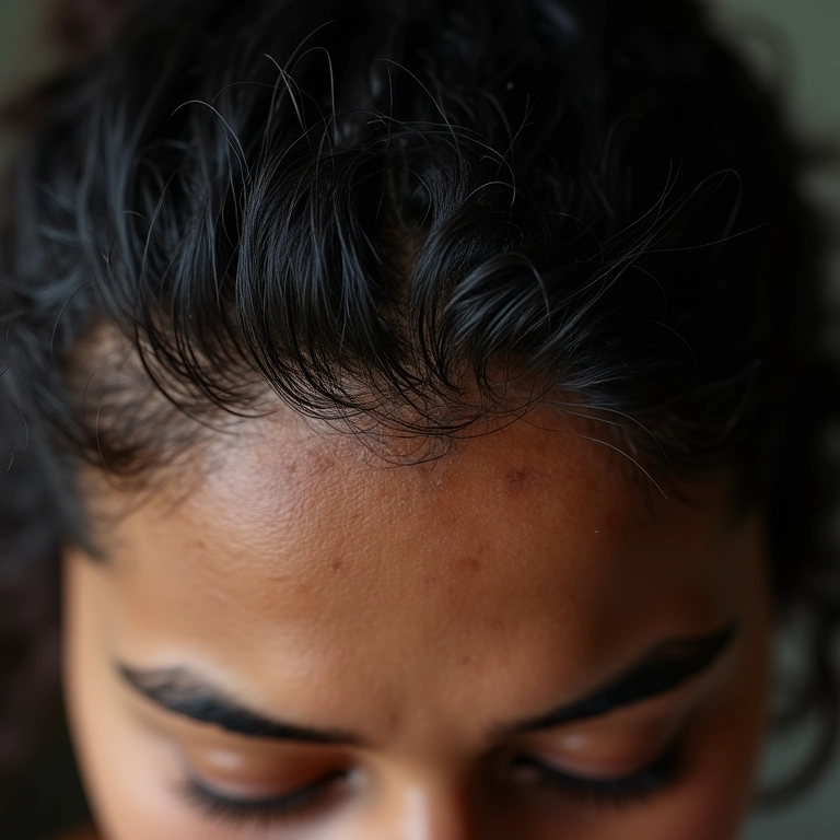 Detalhe de couro cabeludo oleoso e cabelo sujo, indicando má higiene capilar.