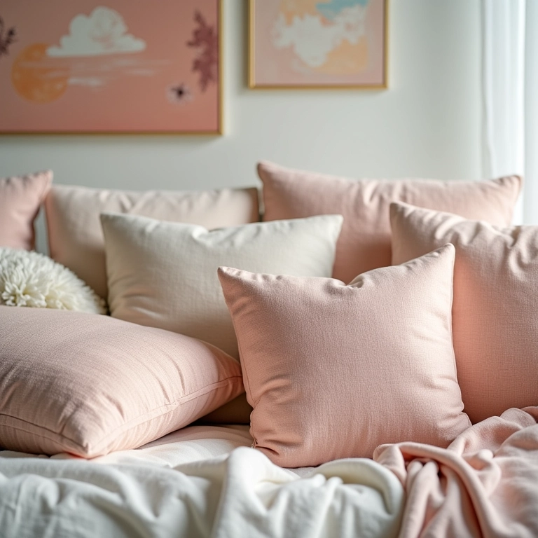 Detalhes de decoração em tons pastel, como almofadas, obras de arte e texturas suaves.