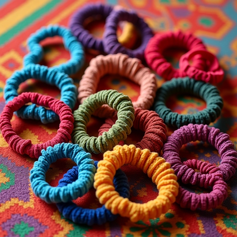 Diversos elásticos de cabelo coloridos sobre tecido vibrante.