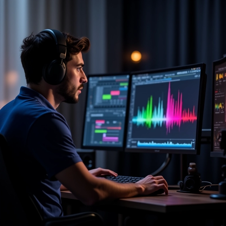 Editor de vídeo ajustando frequências de áudio para conteúdo online.