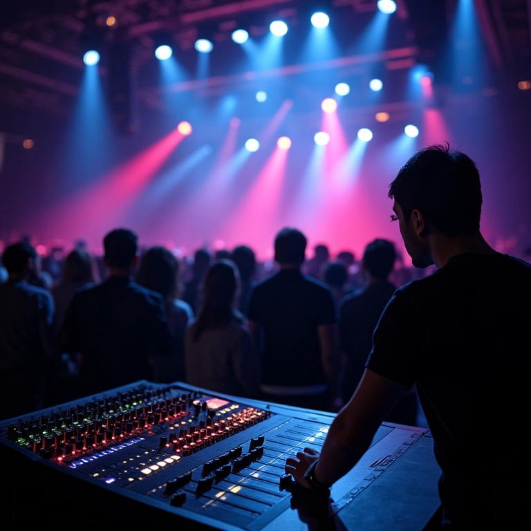 Engenheiro de som ajustando equalização em show ao vivo.