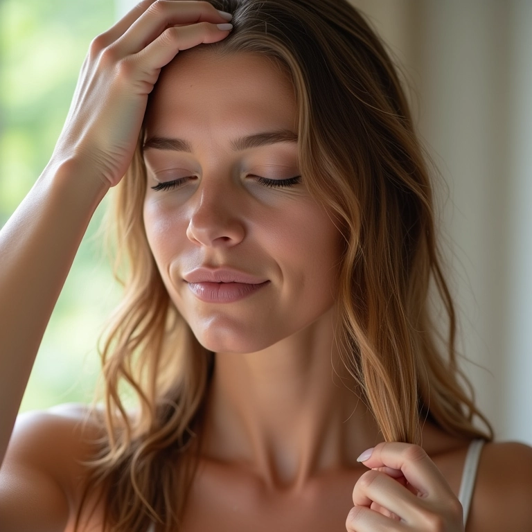 Enxaguando os cabelos com vinagre de maçã para lavagem detox.