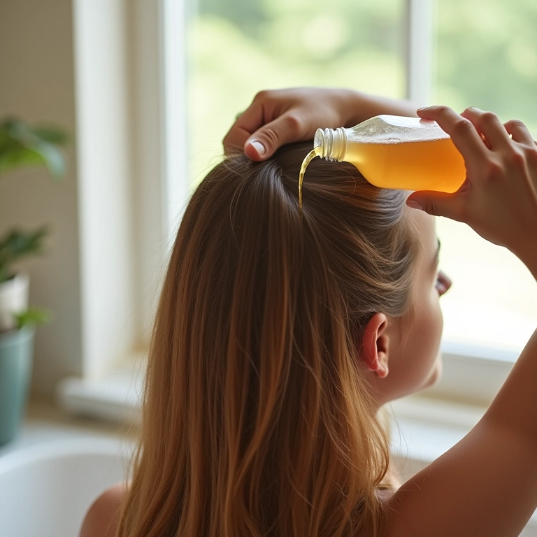 Enxágue de vinagre de maçã para equilibrar o pH dos cabelos com henna.