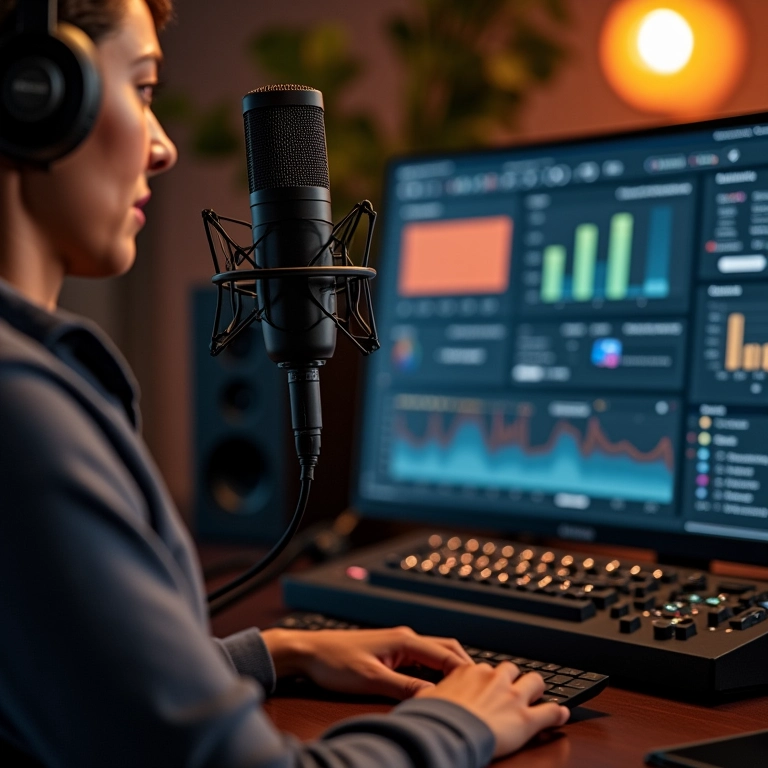 Equipamento de gravação de podcast com ajustes de equalização para clareza vocal.