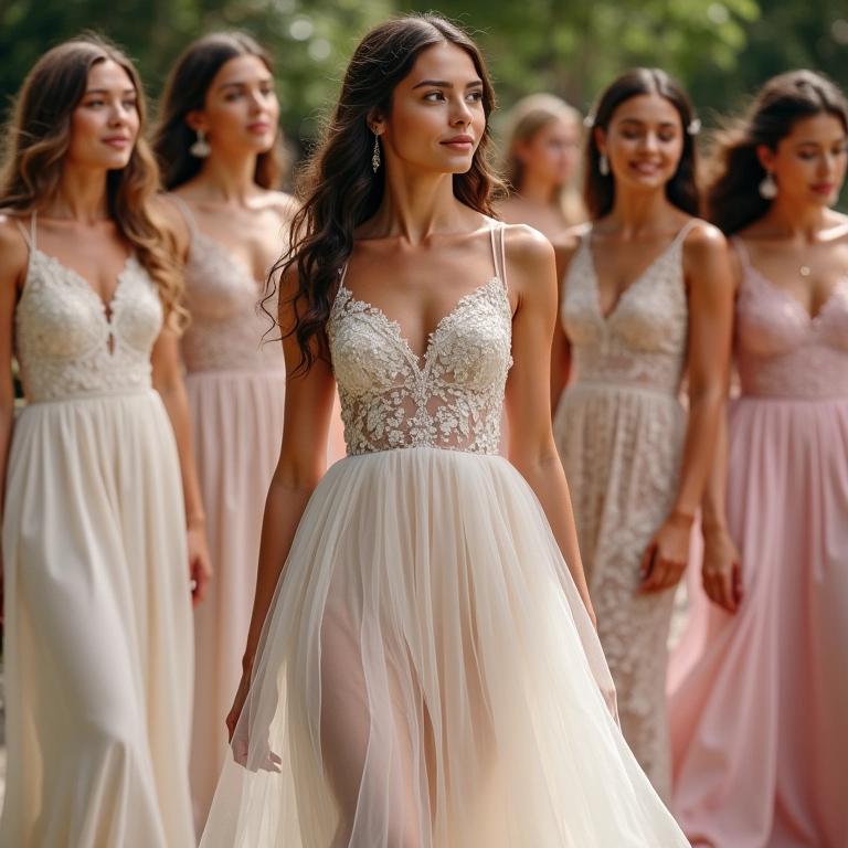 Exposição de vestidos românticos de marca conhecida por designs delicados.