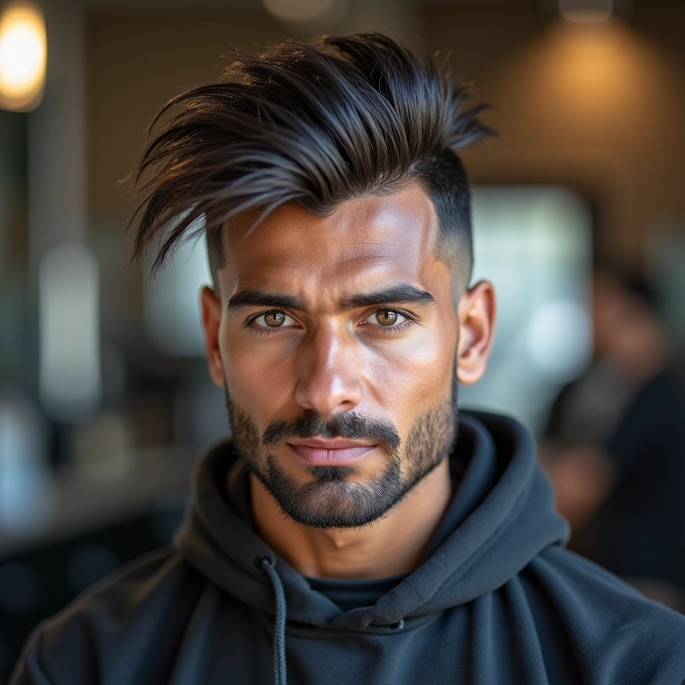 Faux hawk clássico com gel em barbearia brasileira.