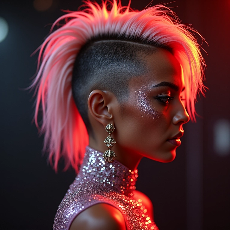 Faux hawk com acessórios brilhantes e glamour.