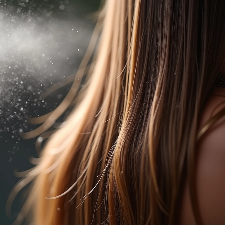 Fios de cabelo recebendo spray de proteção térmica.