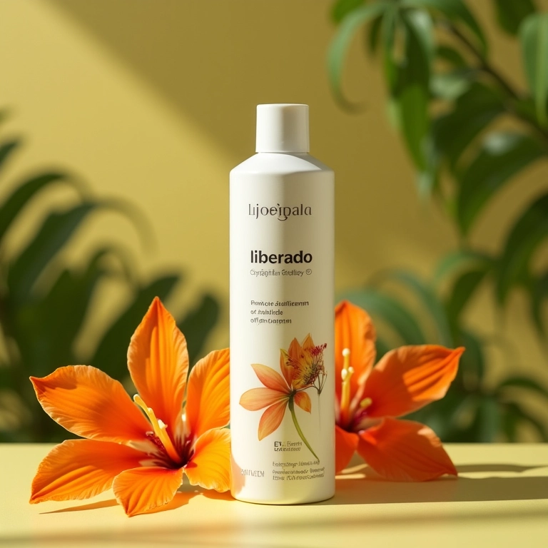 Frasco de condicionador liberado com flor tropical.