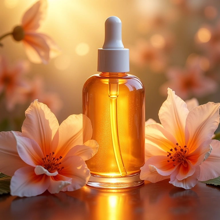 Frasco de óleo iluminador com aroma floral.