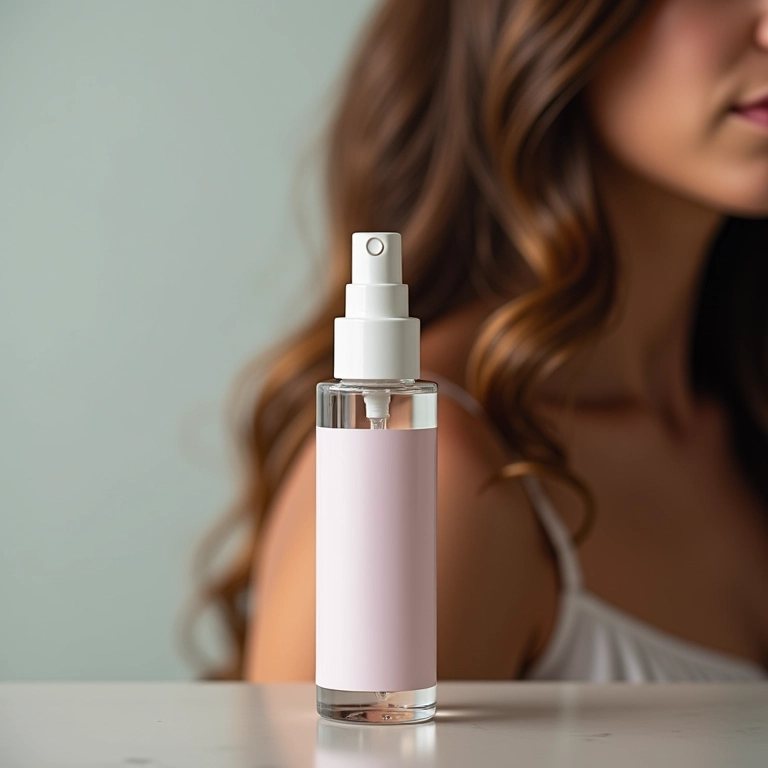 Frasco de sérum capilar com fórmula anti-frizz perto de cabelo modelado.