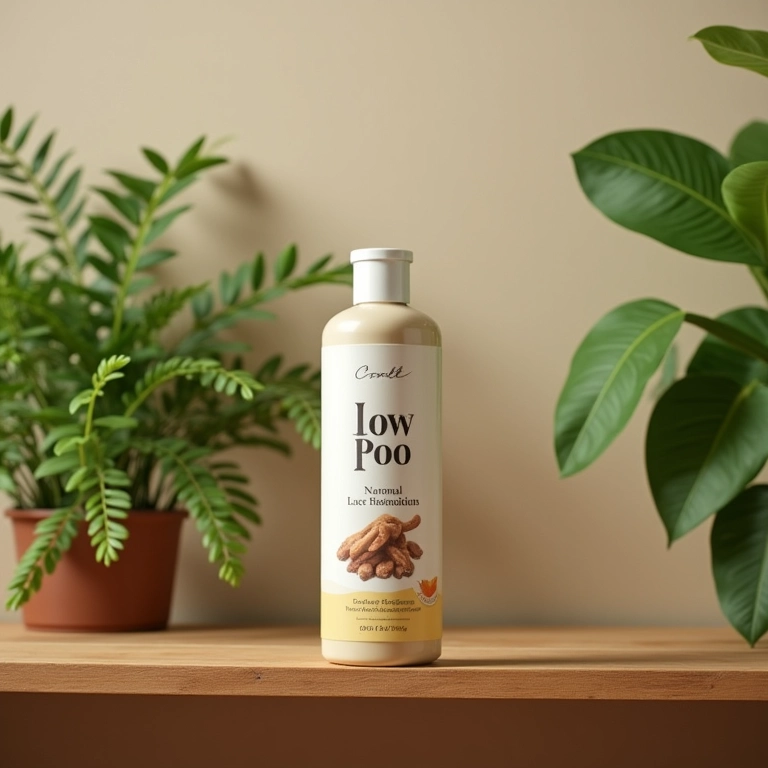 Frasco de Shampoo Low Poo com ingredientes naturais.